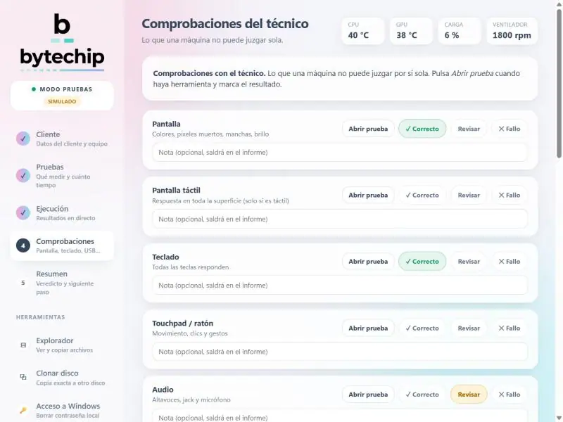 Comprobaciones manuales del técnico