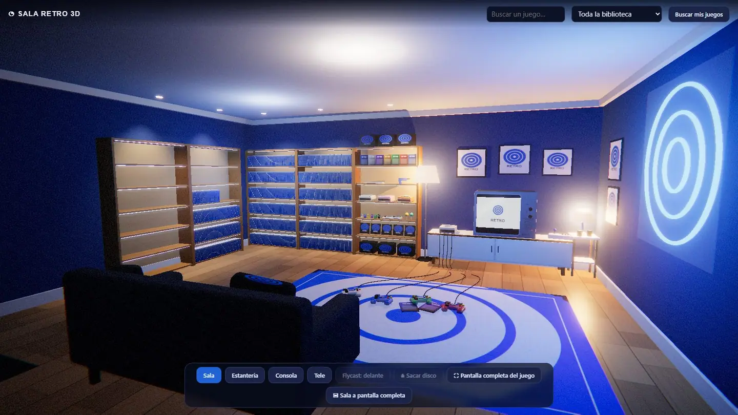 Sala 3D con estanterías llenas de cajas azules, un mueble con la tele y la consola, sofá y alfombra