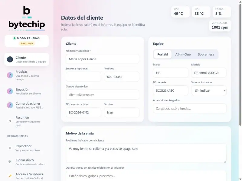 Pantalla de datos del cliente y del equipo