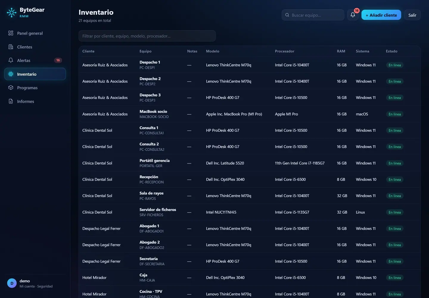 Inventario de todos los equipos con cliente, modelo, procesador, memoria, sistema y estado